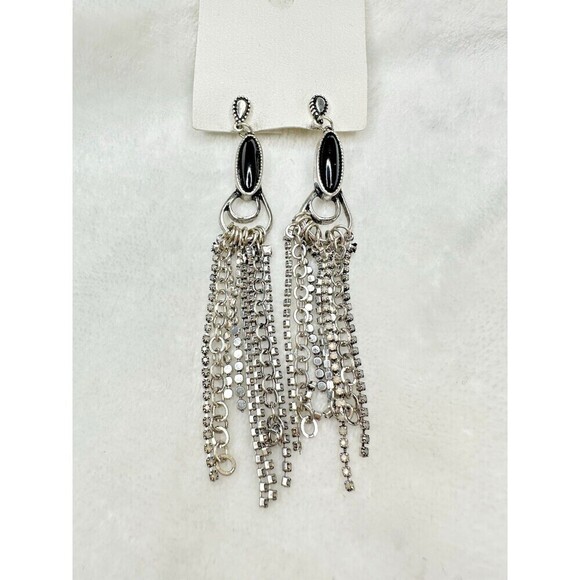 NEW Free People The Beat Goes On Dangle Earrings In Silver Black Chain Fringe - Picture 3 of 5